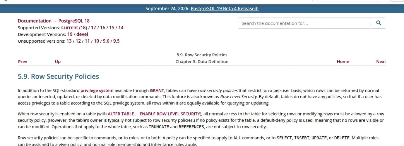 Screenshot of chapter 5.9, "Row Security Policies," of the PostgreSQL 18 documentation: a description of policies restricting row access per user, the default-deny rule when no policy exists, and the exception for the table owner.
