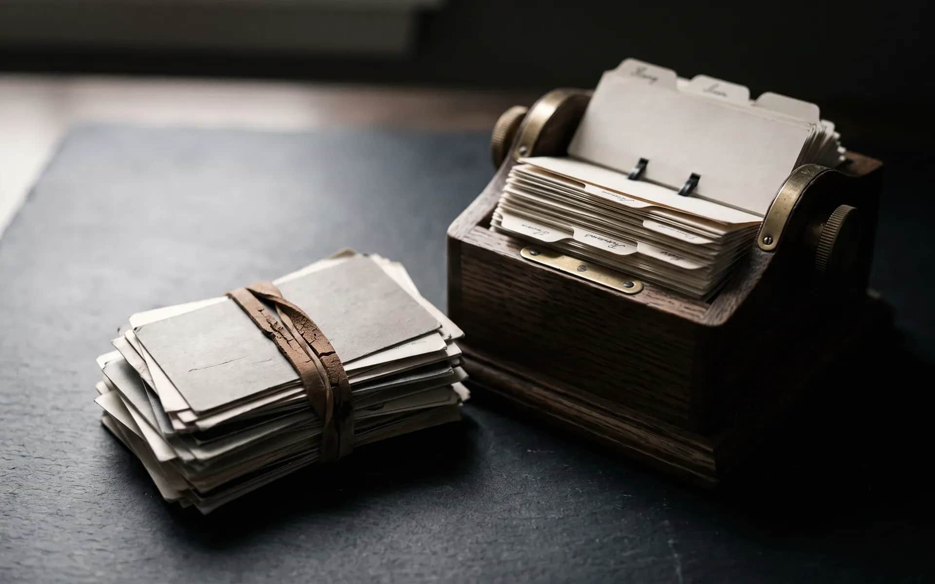 Une pile de fiches de contact jaunies serrées par un élastique fendillé, à côté d'un fichier rotatif en bois aux fiches classées par onglets.