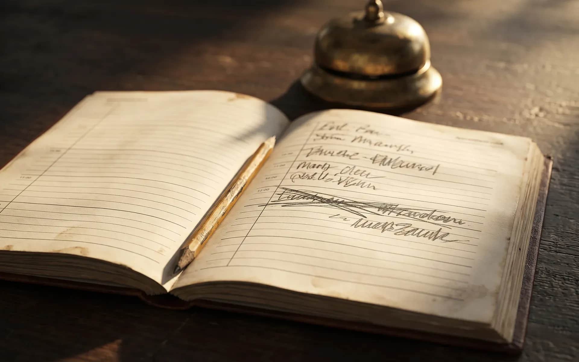 Un agenda de rendez-vous en papier ouvert, aux entrées manuscrites dont une est raturée puis réécrite en dessous, à côté d'une sonnette de réception en laiton.