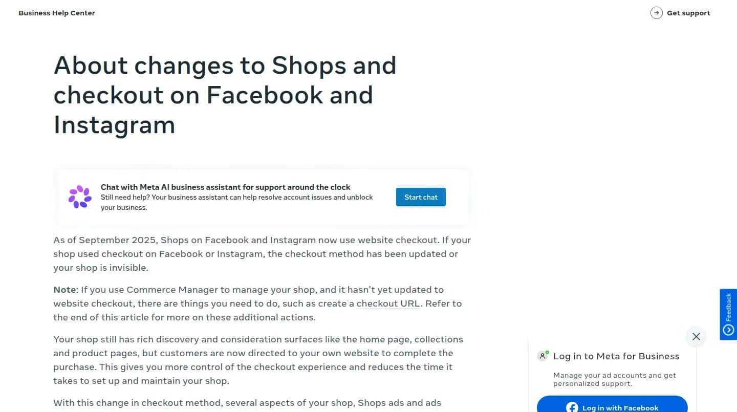 Capture d'écran de la page du Centre d'aide Business de Meta sur les changements des boutiques et du paiement sur Facebook et Instagram : depuis septembre 2025, les boutiques Facebook et Instagram utilisent le paiement sur le site du vendeur, et le traitement des paiements dans les Shops a été abandonné.