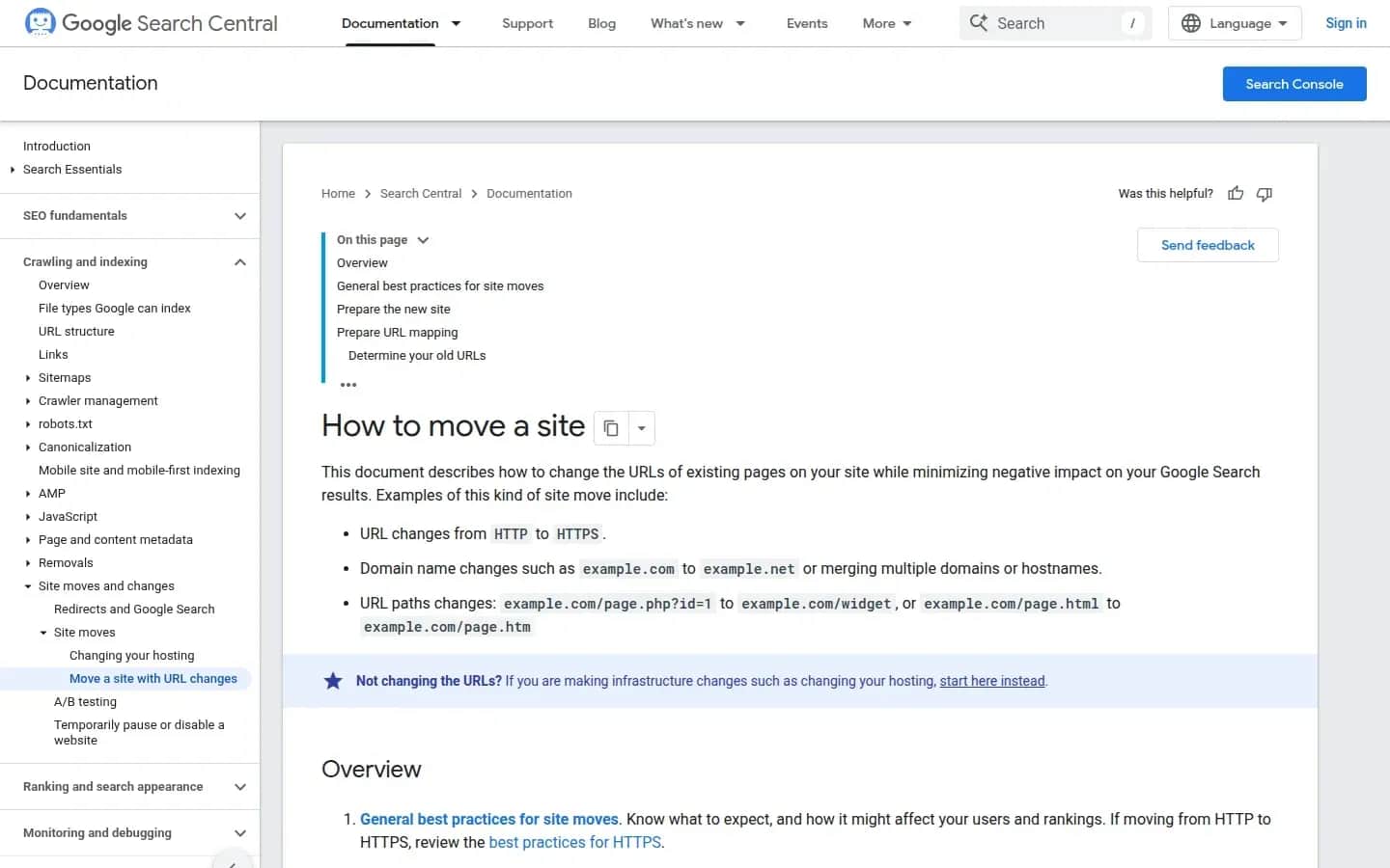 Capture d'écran de la documentation Google Search Central « Migrer un site » (version française) : un déplacement peut signifier un changement de HTTP vers HTTPS, un changement de domaine, ou un changement de chemins d'URL ; le document couvre la préparation du nouveau site, la correspondance des adresses et le recensement des anciennes URL.