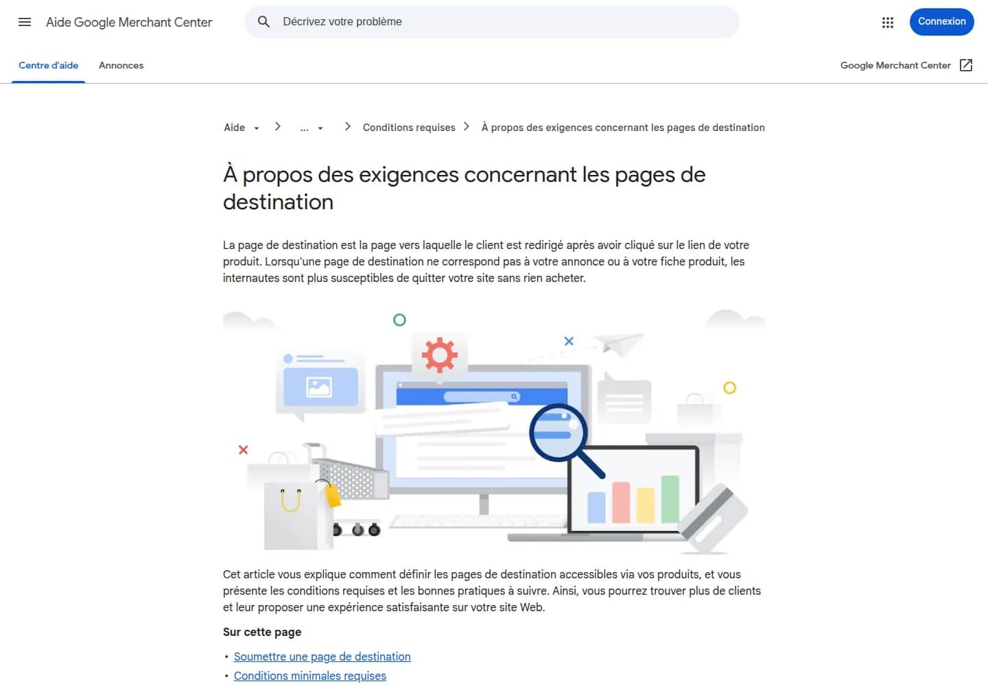 Capture d'écran de la page d'aide Google Merchant Center en français « À propos des exigences concernant les pages de destination » : la définition de la page de destination comme la page vers laquelle le client est redirigé après avoir cliqué sur le lien du produit, l'avertissement selon lequel, lorsque la page de destination ne correspond pas à l'annonce ou à la fiche gratuite, les internautes sont plus susceptibles de quitter le site sans rien acheter, et le plan des sections de la page.
