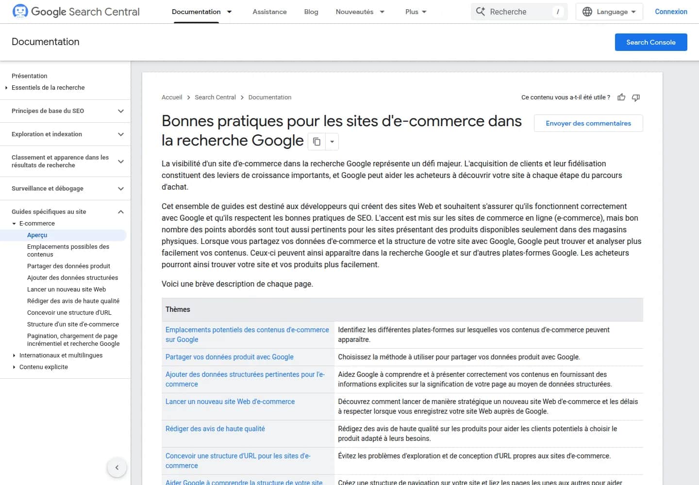 Capture d'écran de la page d'accueil de la section « E-commerce » de Google Search Central, en français, listant ses sous-pages : emplacements potentiels des contenus d'e-commerce sur Google ; partager vos données produit avec Google ; ajouter des données structurées pertinentes pour l'e-commerce ; lancer un nouveau site Web d'e-commerce ; rédiger des avis de haute qualité ; concevoir une structure d'URL pour les sites d'e-commerce ; aider Google à comprendre la structure de votre site d'e-commerce ; pagination, chargement incrémentiel des pages et impact sur la recherche Google.